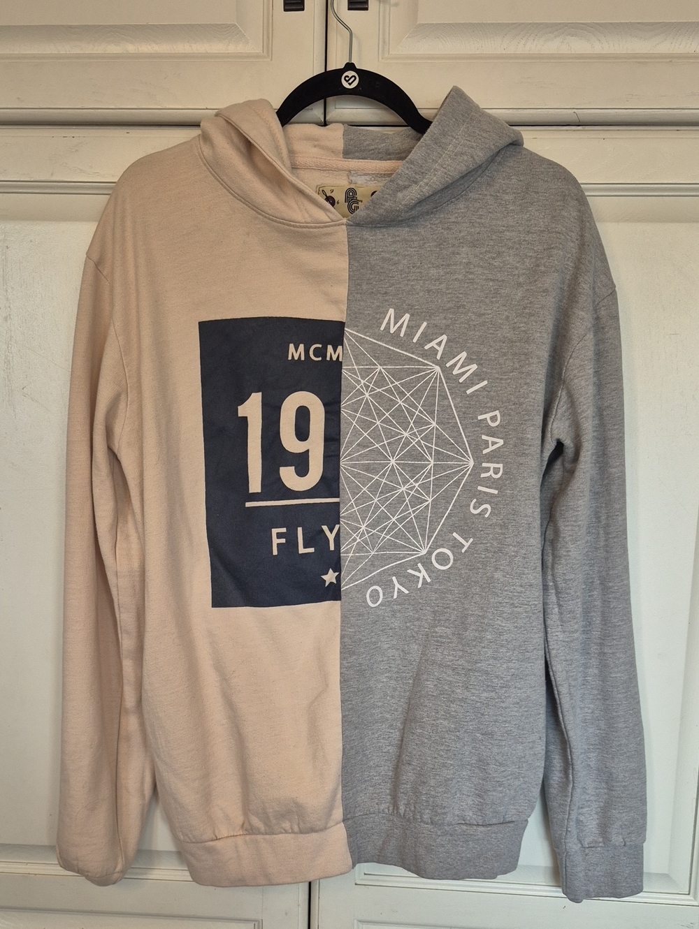 Two-Tone Beige & Gray Graphic Pullover Hoodie Streetwear Style